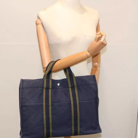 HERMES Fourre Tout MM Hand Bag Canvas Navy Khaki Auth - Picture 1 of 16